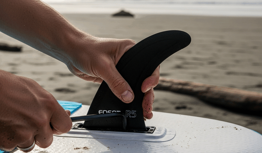 close up hands tightening inflatable paddle board fin into f 20260303 071257