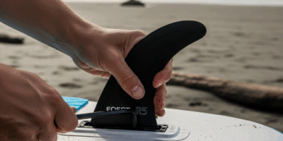 close up hands tightening inflatable paddle board fin into f 20260303 071257