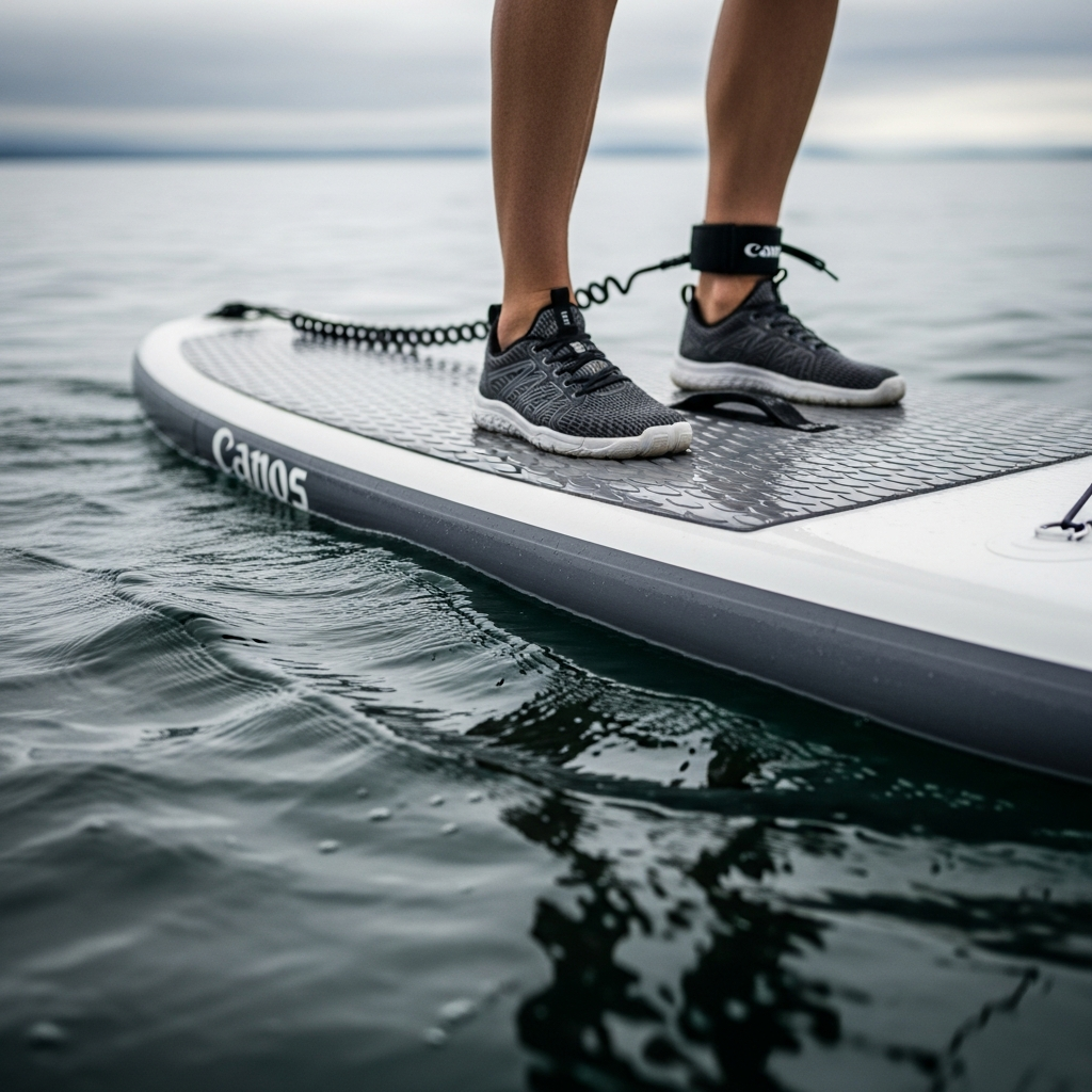 Person standing on inflatable paddle board on choppy Pacific Northwest water showing traction pad and board stability
