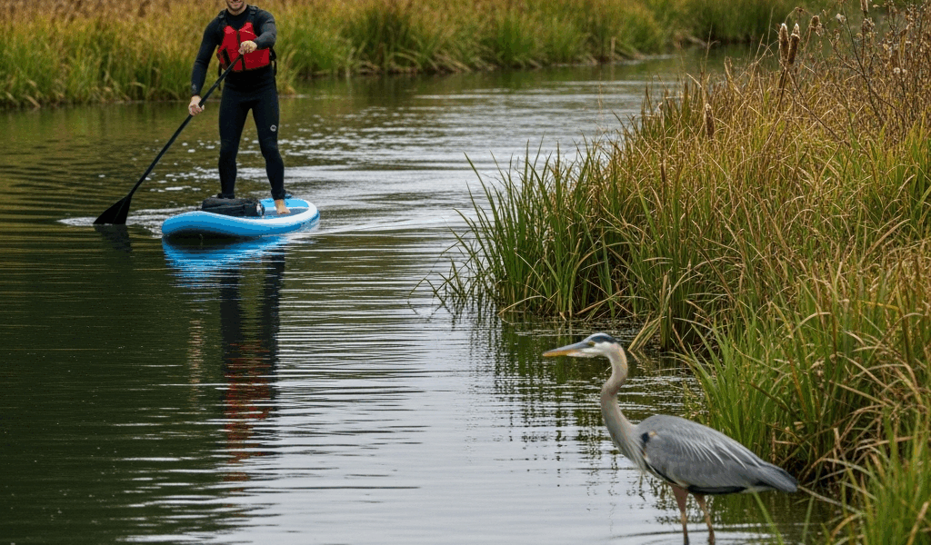 paddleboard Sammamish River slough Marymoor Park great blue heron wildlife