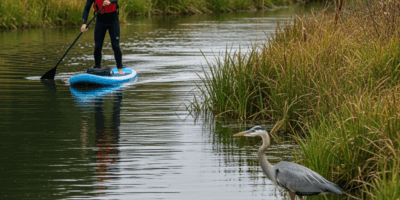 paddleboard Sammamish River slough Marymoor Park great blue heron wildlife