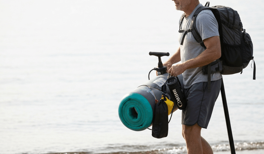 person carrying rolled inflatable paddle board package with 20260303 075020