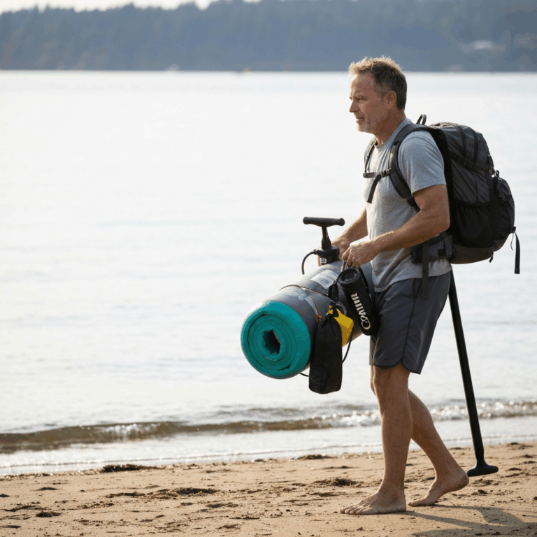 person carrying rolled inflatable paddle board package with 20260303 075020