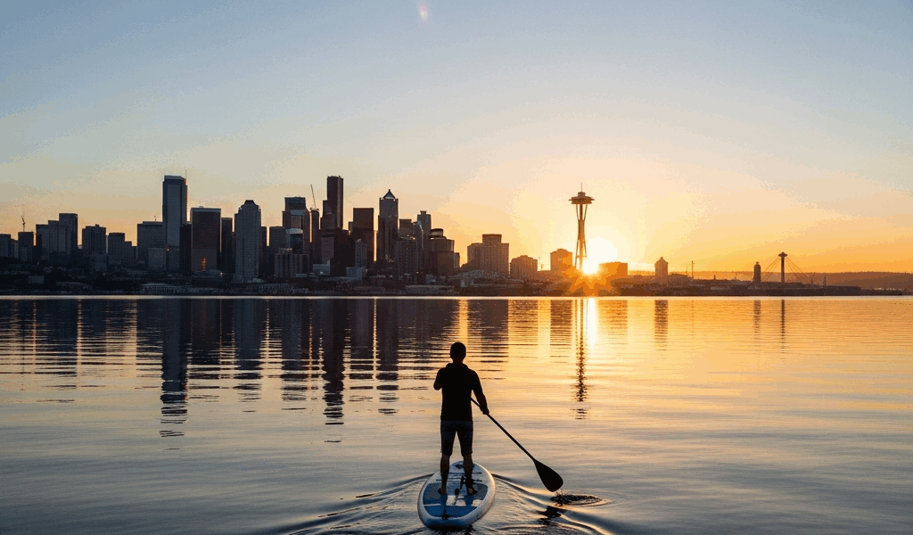 paddleboard Alki Beach West Seattle downtown skyline Elliott Bay sunrise