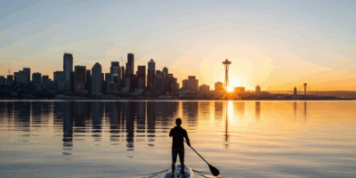 paddleboard Alki Beach West Seattle downtown skyline Elliott Bay sunrise