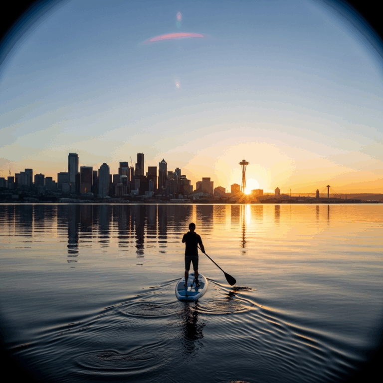 paddleboard Alki Beach West Seattle downtown skyline Elliott Bay sunrise