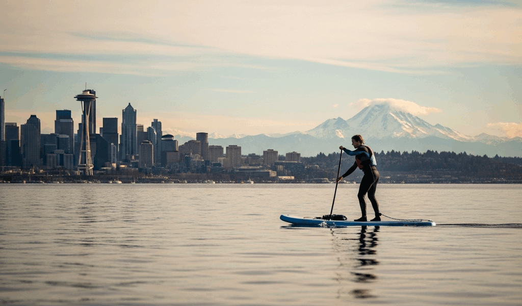 paddleboard Meydenbauer Beach Park Bellevue Lake Washington Seattle skyline