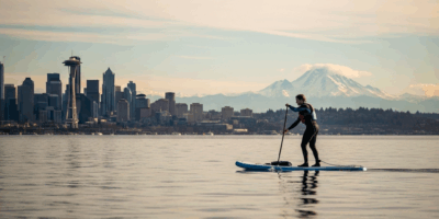 paddleboard Meydenbauer Beach Park Bellevue Lake Washington Seattle skyline