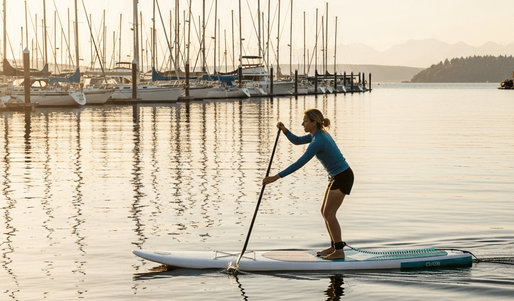 paddleboard Shilshole Bay Marina Seattle sailboats sunset