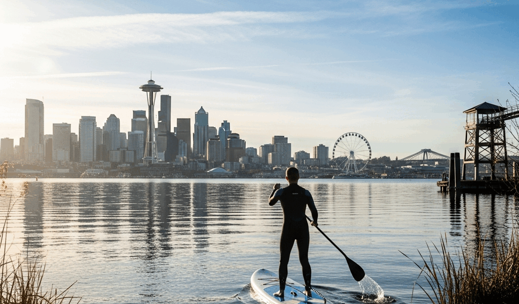 paddleboard Gas Works Park Lake Union Seattle skyline seaplane