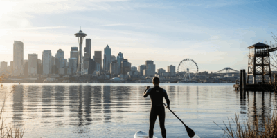 paddleboard Gas Works Park Lake Union Seattle skyline seaplane