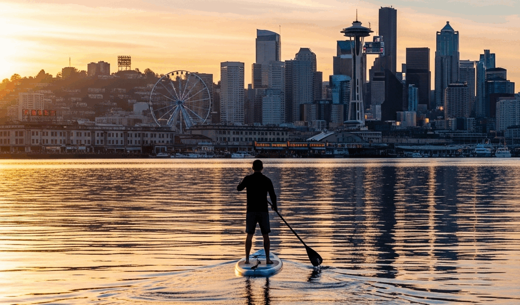 paddleboard Elliott Bay Seattle skyline Pike Place morning