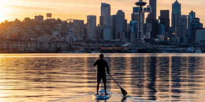 paddleboard Elliott Bay Seattle skyline Pike Place morning