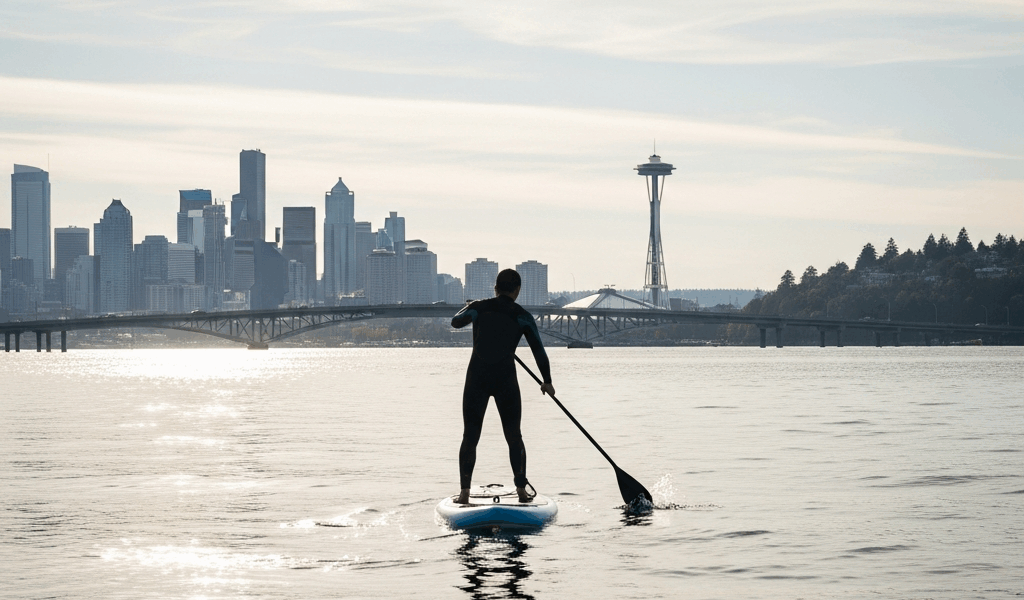 paddleboard Mercer Island Lake Washington I-90 bridge Seattle skyline