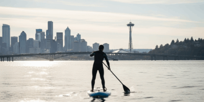 paddleboard Mercer Island Lake Washington I-90 bridge Seattle skyline