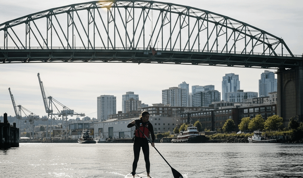 paddleboard Ship Canal Seattle Fremont Bridge urban waterway
