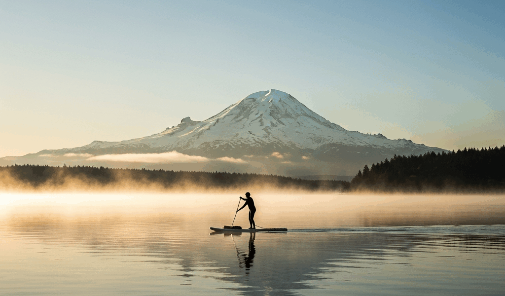 paddleboard Rainier Beach south Lake Washington Mount Rainier morning mist