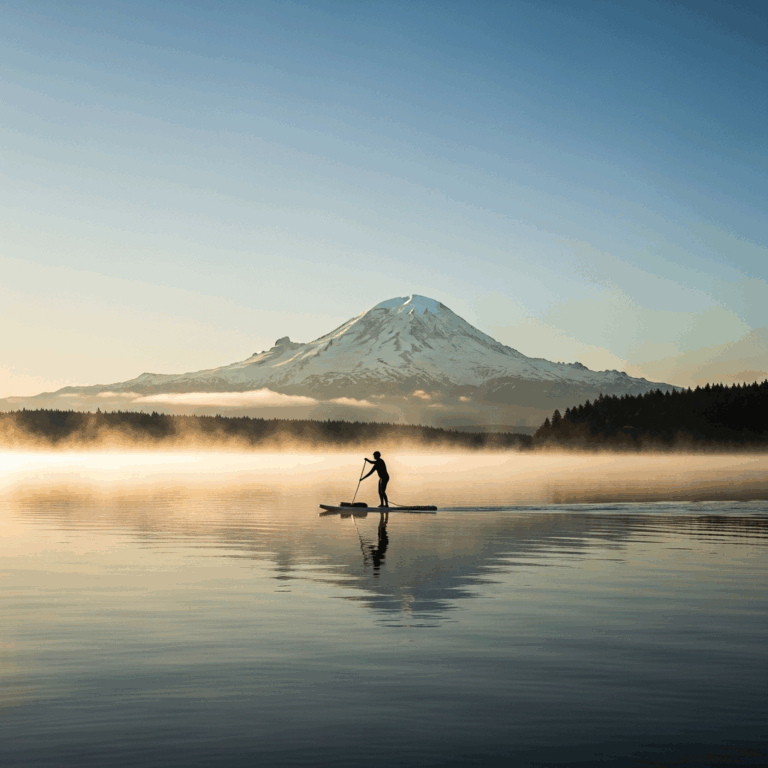 paddleboard Rainier Beach south Lake Washington Mount Rainier morning mist